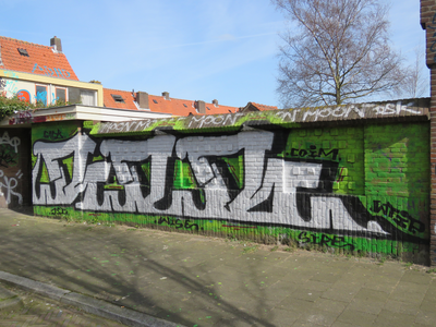 829718 Afbeelding van graffiti met een gestileerde tekst, op een muur langs het binnenterrein tussen de Aardbeistraat ...